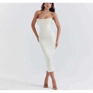 Commense Corset Midi Dress Strapless Beaded Trim Bodycon Cocktail Party White M‎